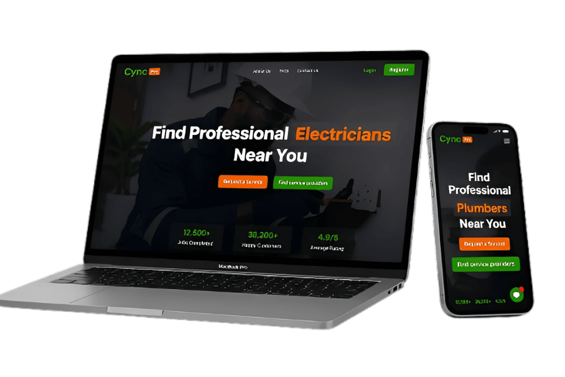 macbook and Iphone displaying the cync pro landing page